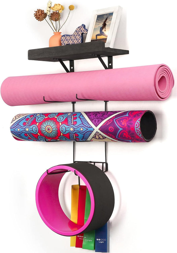 Yoga Mat Holder Wall Mount Yoga Mat Storage Home Gym Accessories with Wood Floating Shelves and 4 Hooks for Hanging Foam Roller and Resistance Bands Fitness Home Gym